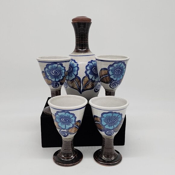 Studio Pottery Decanter and 4 Cups Blue Flowers Backstamped Fish VTG - Picture 2 of 11